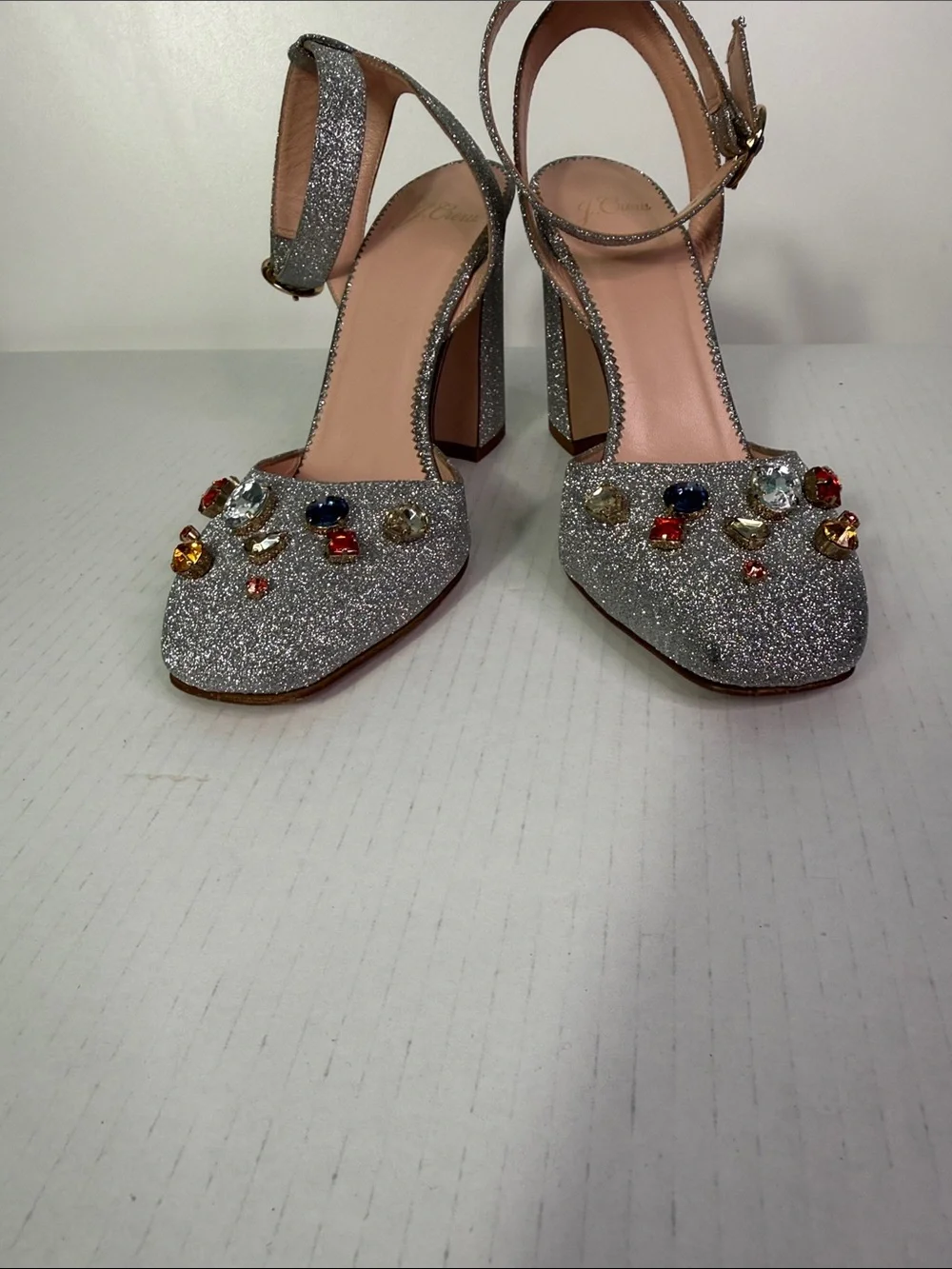 J. Crew Vicky Silver Glitter Jeweled Ankle-Strap Heels size 7.5